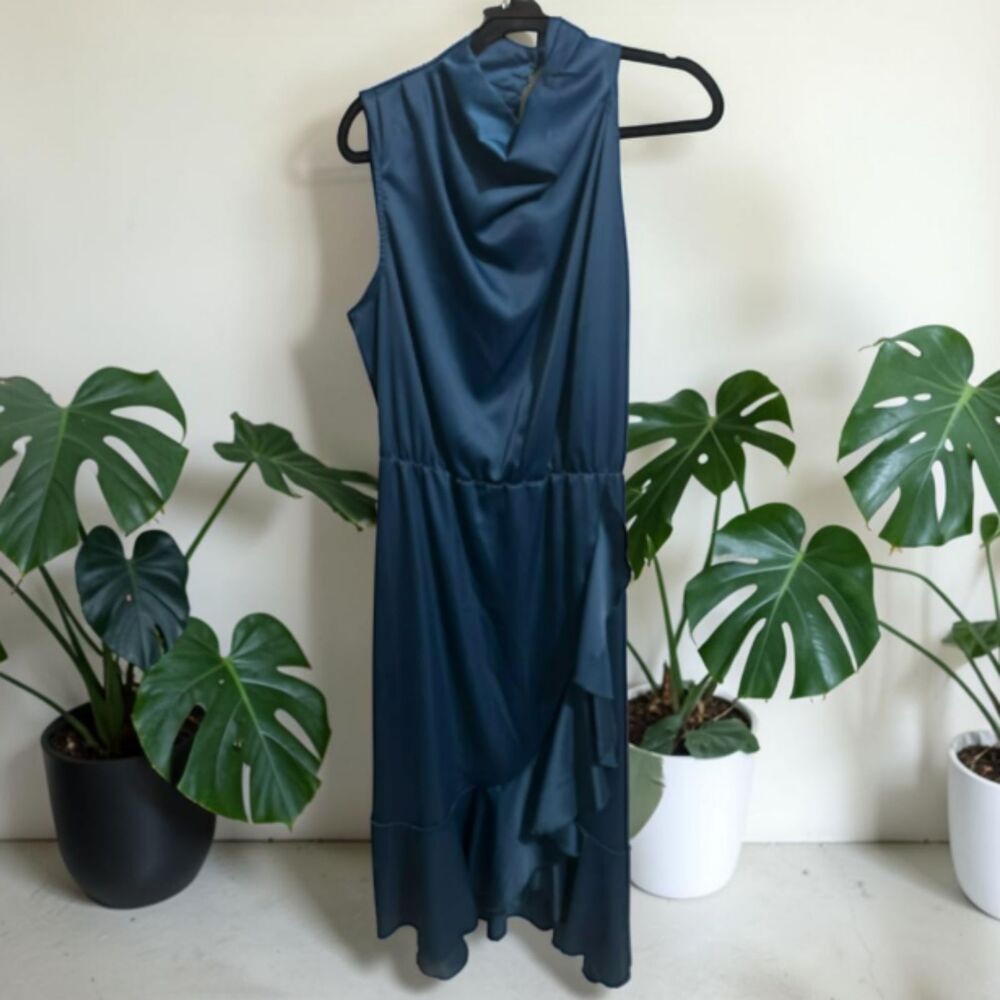 Elegant Teal Satin Ruffle Midi Dress | One-Shoulder Draped High Neck